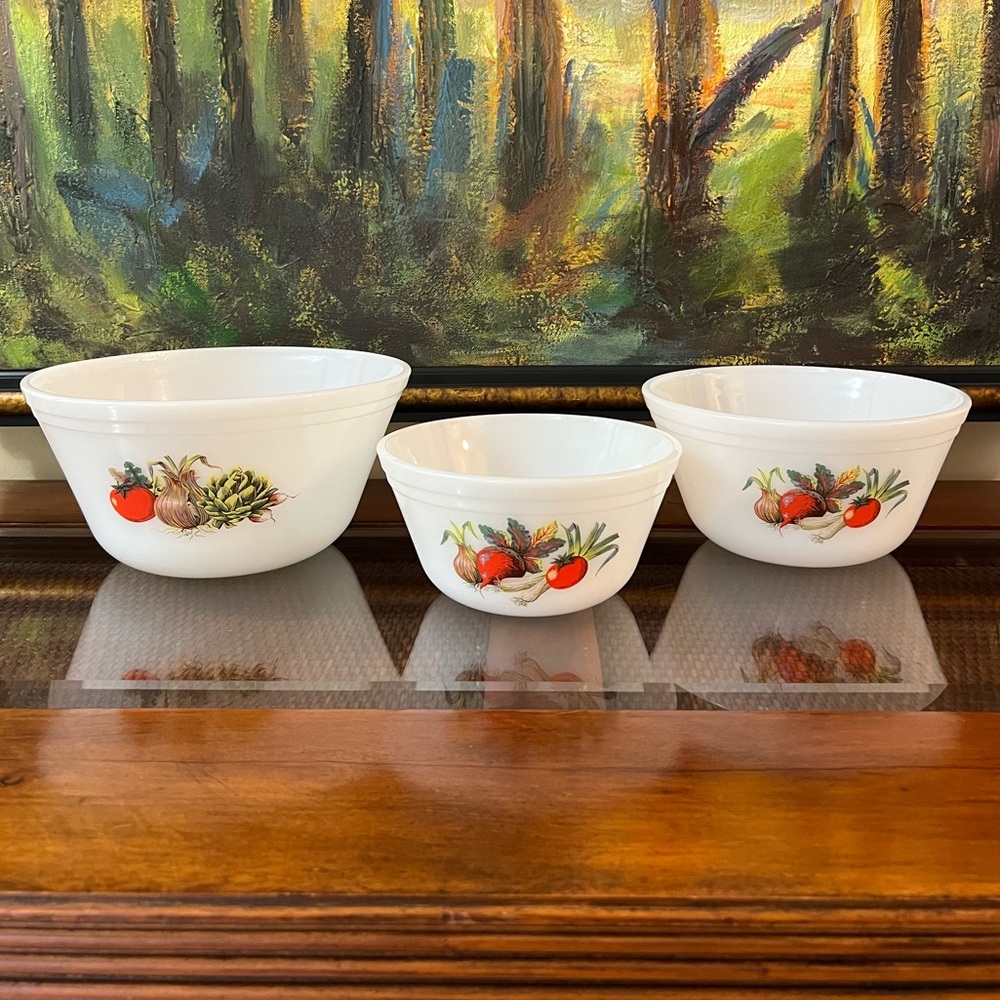 🌟 SALE $125🌟 Federal Glass New 50’s-60’s Vegetable Print Set 3 Nesting Bowls
